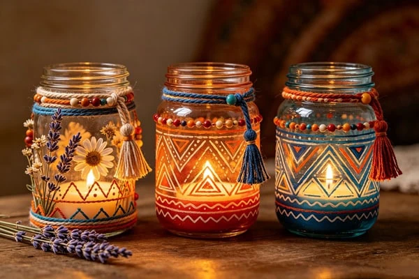 Transforming glass candle jars into boho decor
